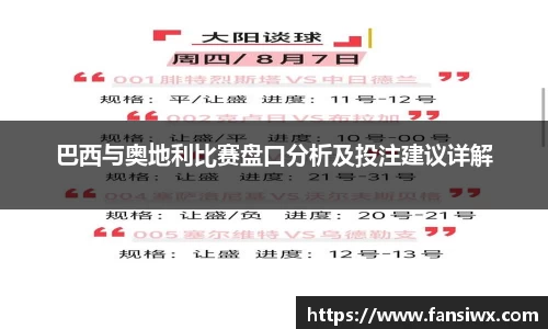 巴西与奥地利比赛盘口分析及投注建议详解